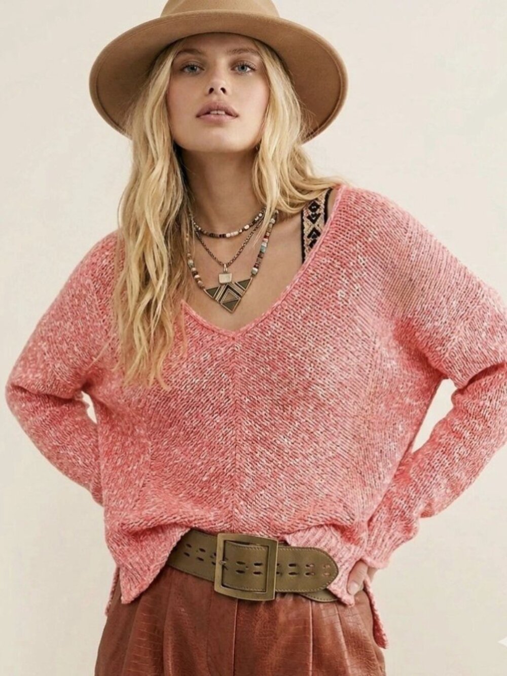 NEW Free People Bright Lights Marled Knit Sweater Neon Flamingo Pink Small